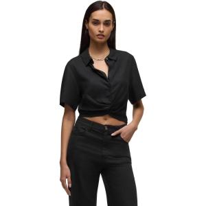 HUDSON Women’s Knot Front Button Down Short Sleeve Shirt(Solid Black)