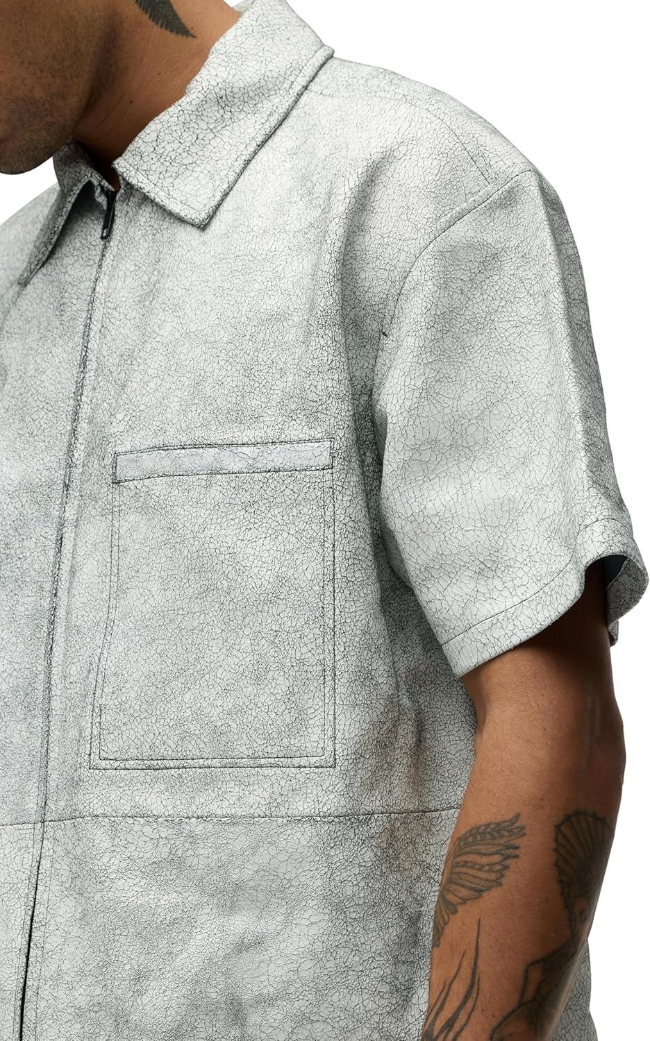 imageHUDSON Mens Short Sleeve Zip Up ShirtCracked White