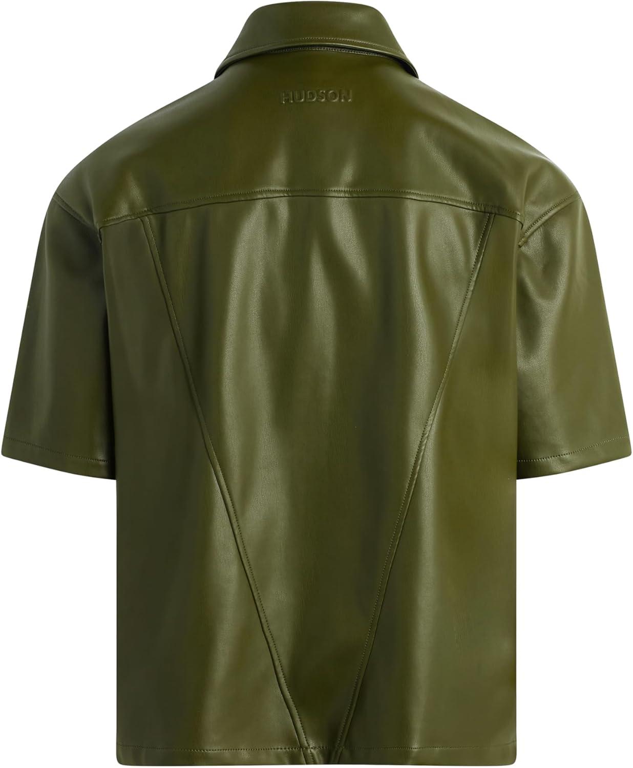 imageHUDSON Mens Short Sleeve Zip Up ShirtOlive Green