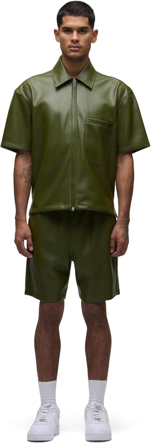 imageHUDSON Mens Short Sleeve Zip Up ShirtOlive Green