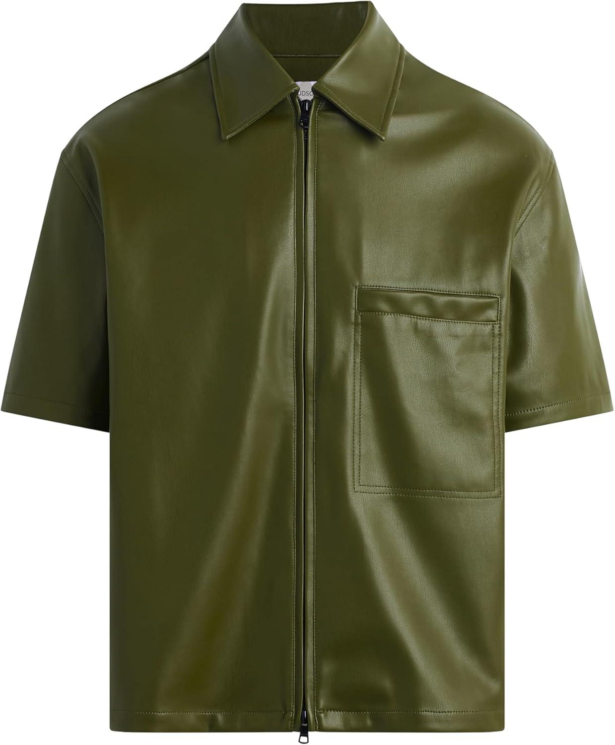 imageHUDSON Mens Short Sleeve Zip Up ShirtOlive Green