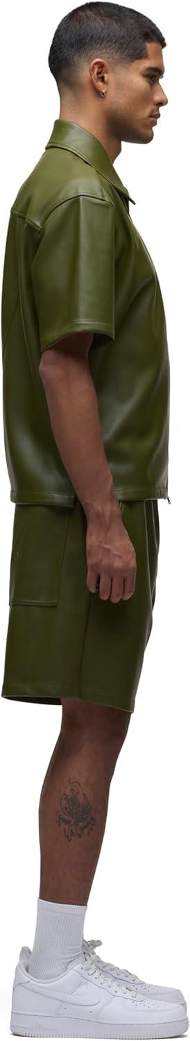 imageHUDSON Mens Short Sleeve Zip Up ShirtOlive Green