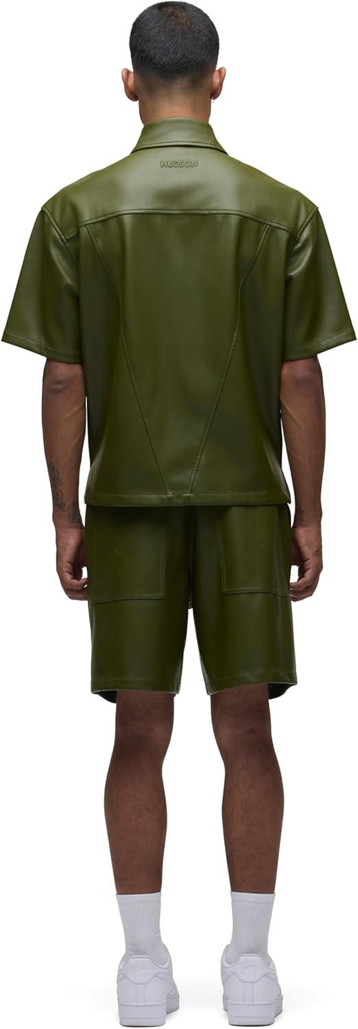 imageHUDSON Mens Short Sleeve Zip Up ShirtOlive Green