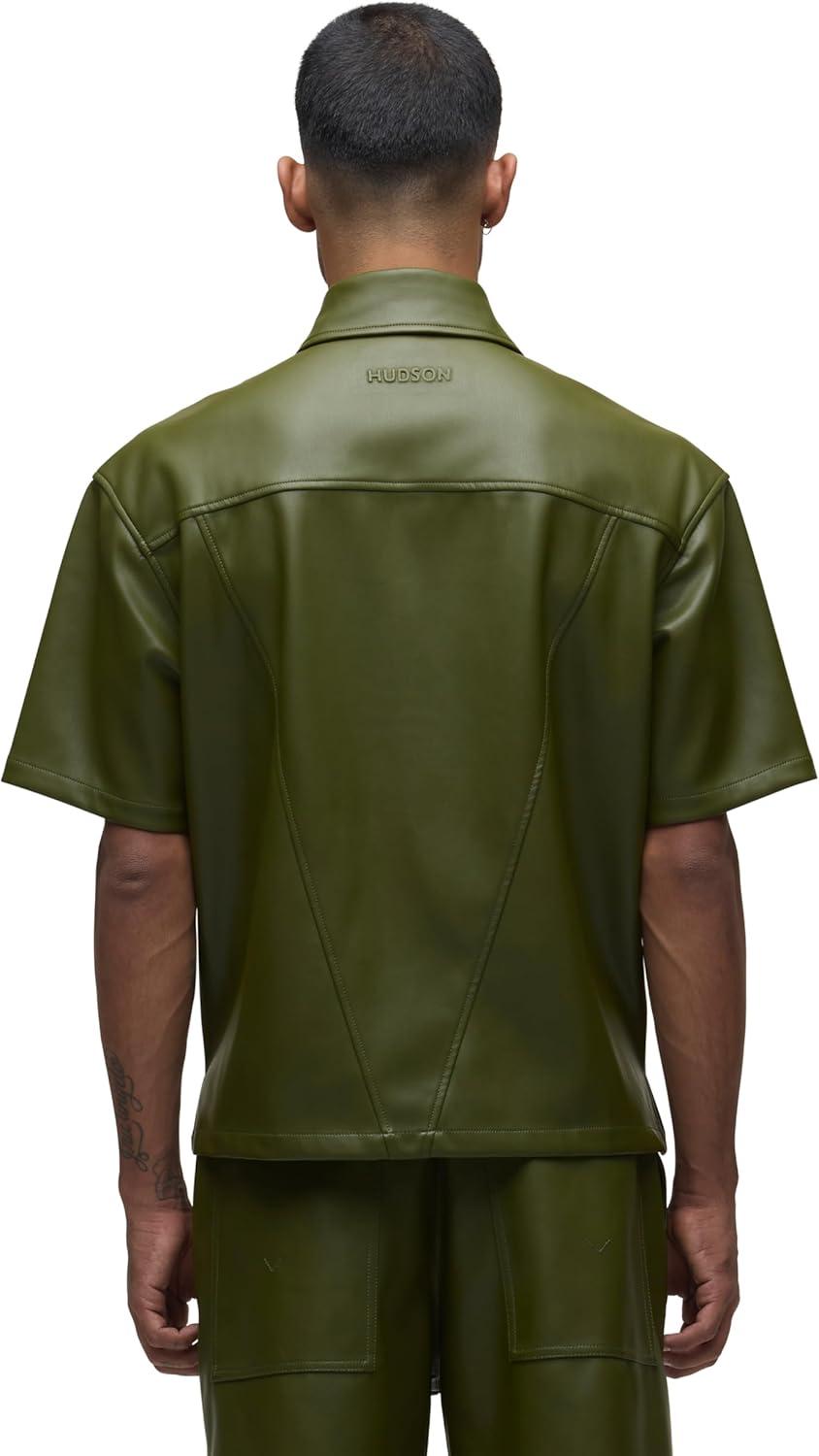 imageHUDSON Mens Short Sleeve Zip Up ShirtOlive Green