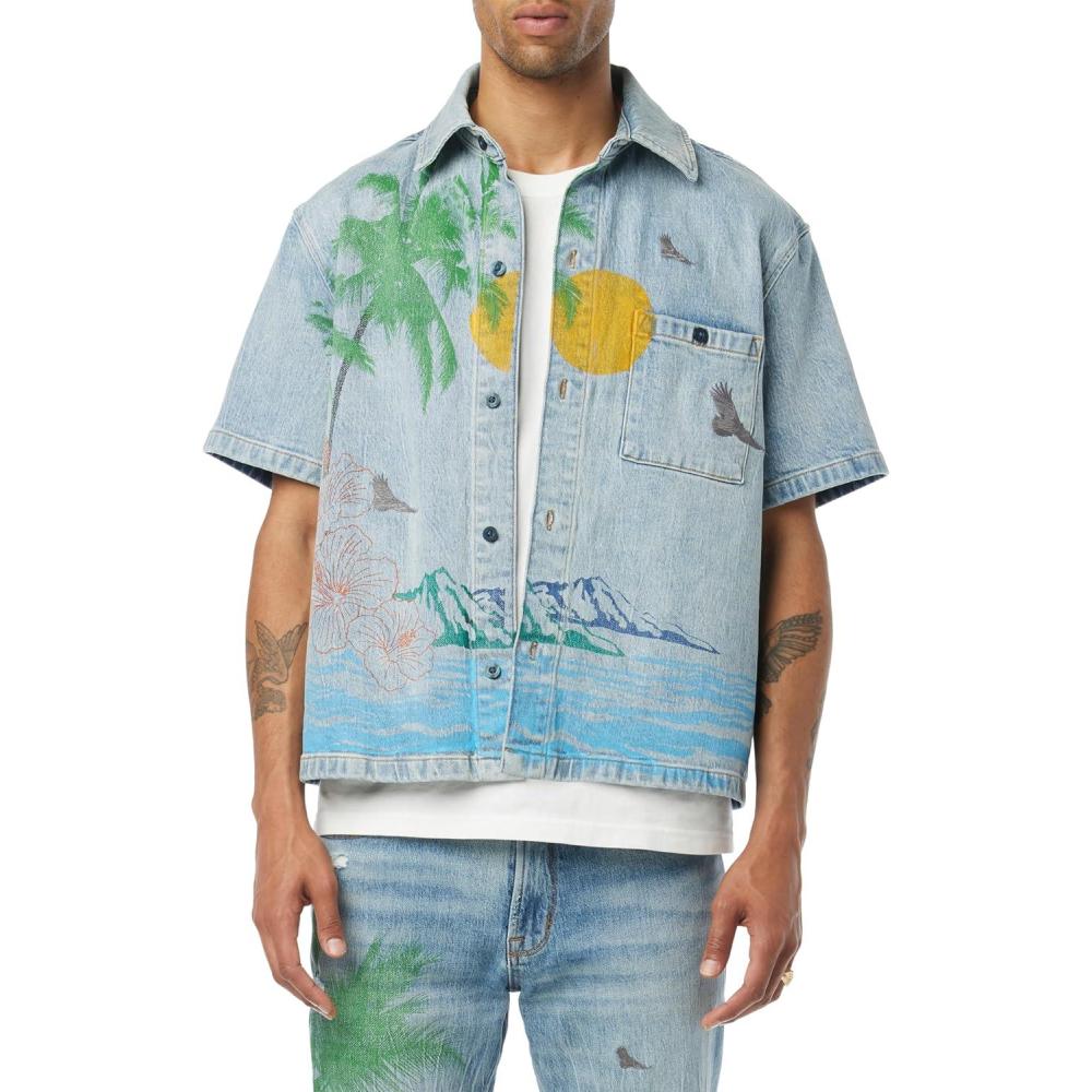 imageHUDSON Mens Short Sleeve Button Up Camp ShirtIndigo Palm
