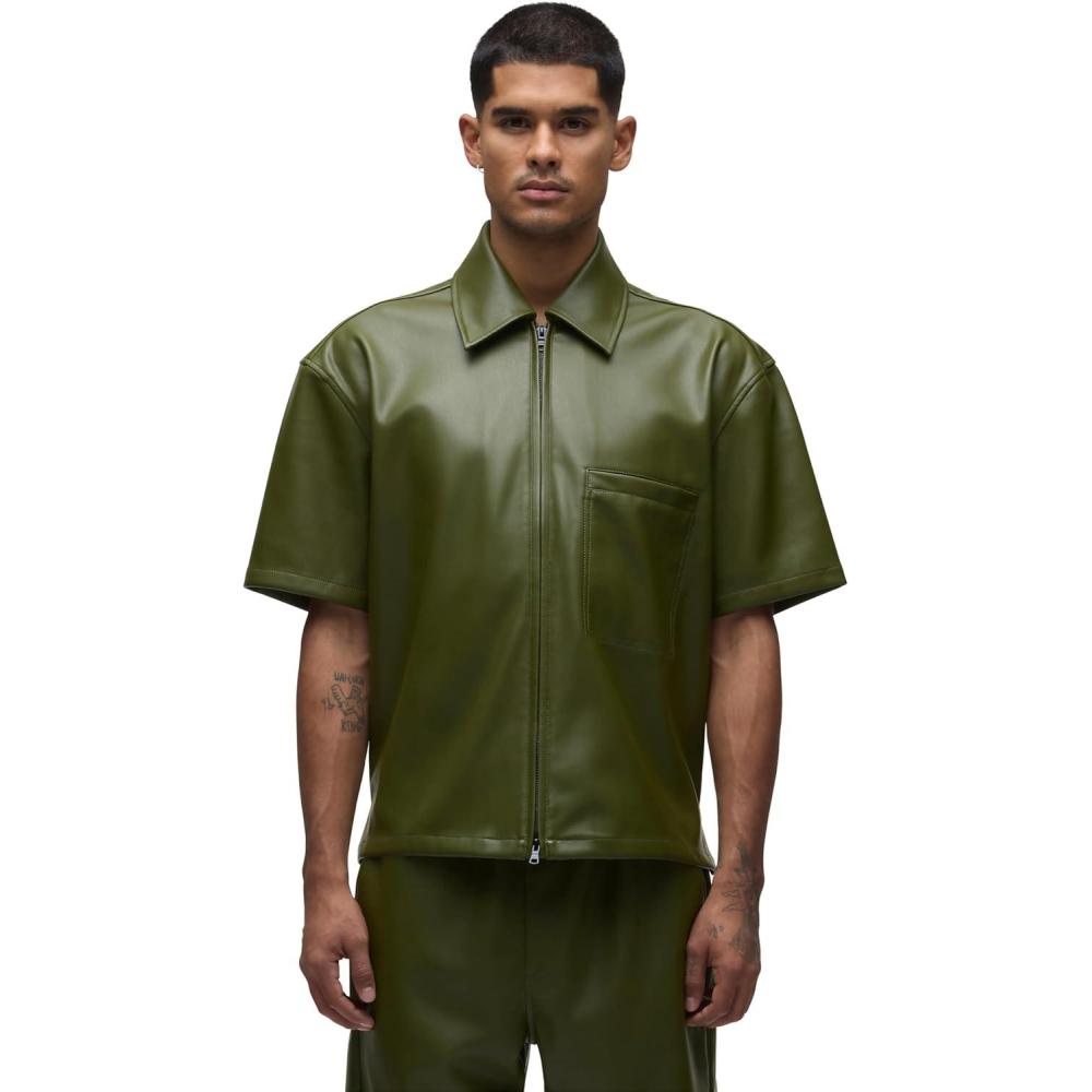 imageHUDSON Mens Short Sleeve Zip Up ShirtOlive Green