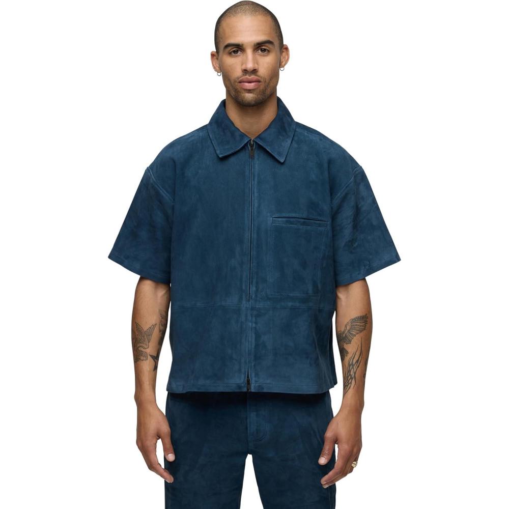 imageHUDSON Mens Short Sleeve Zip Up ShirtPetrol