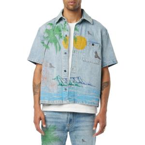 HUDSON Men’s Short Sleeve Button Up Camp Shirt(Indigo Palm)