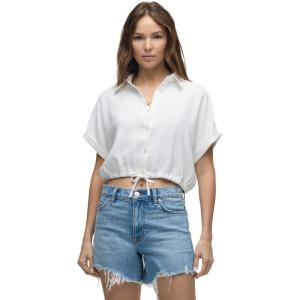 HUDSON womens Drawstring Button Down Short Sleeve Shirt(White)