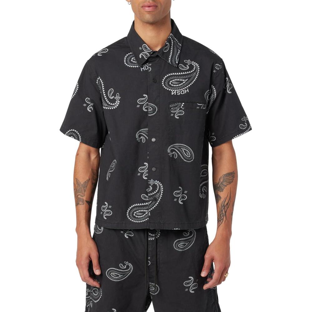 imageHUDSON Mens Cropped Short Sleeve Button Down ShirtBlack Bandana