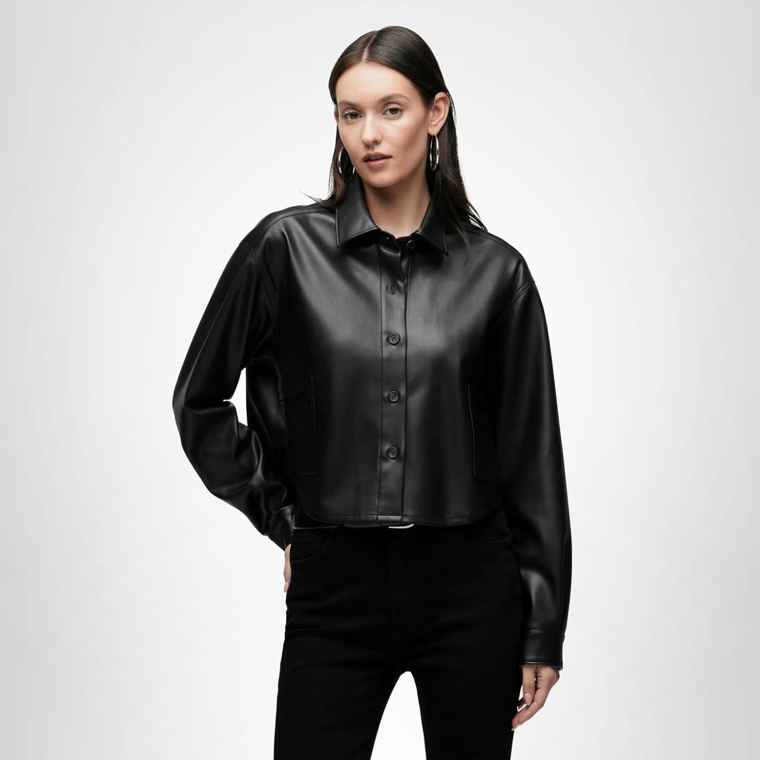 image:imageHudson Womens Boxy Long Sleeve Button Down Shirt with PocketsBlack Vegan Leather