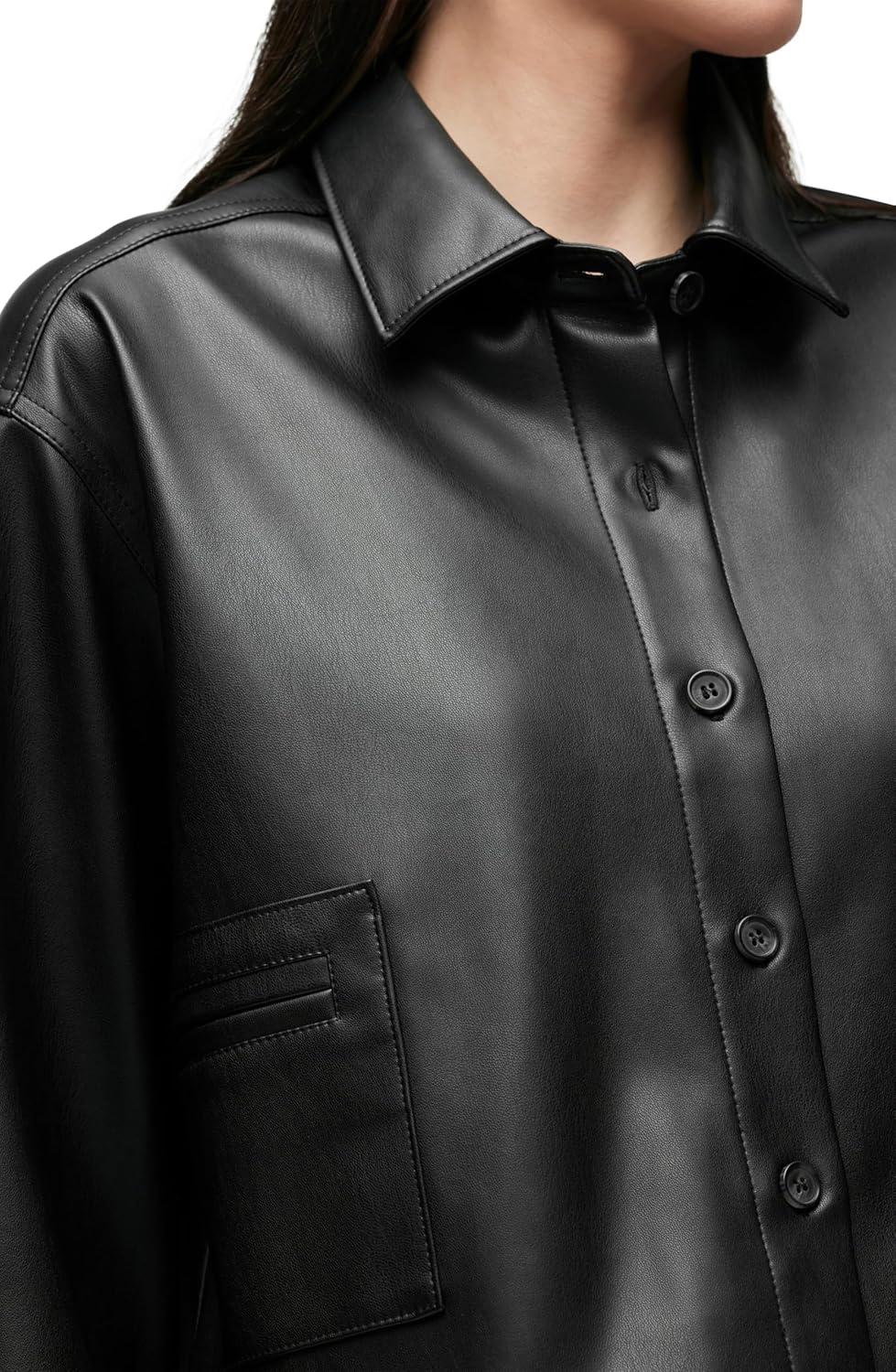 image:imageHudson Womens Boxy Long Sleeve Button Down Shirt with PocketsBlack Vegan Leather