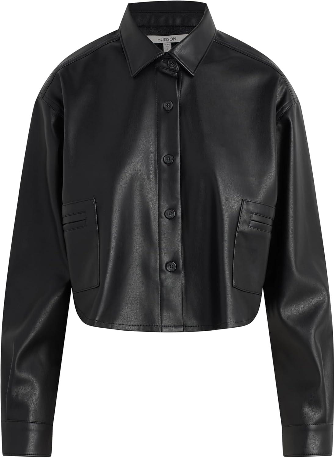 image:imageHudson Womens Boxy Long Sleeve Button Down Shirt with PocketsBlack Vegan Leather